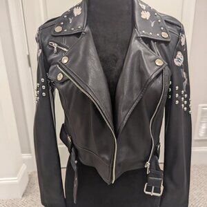 Studded Tulip Print Vegan Black Leather BEBE Jacket XXS